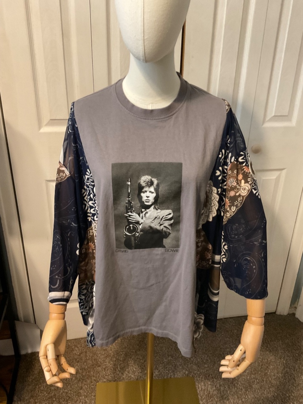 David Bowie Upcycled Graphic T-Shirt with Sheer Printed Sleeves - OSFM